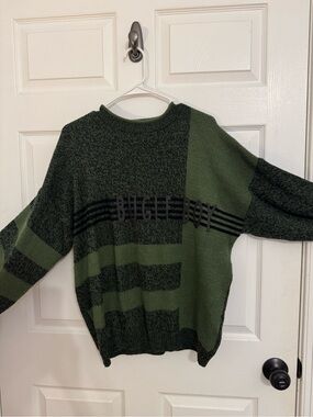 Bugle Boy Olive Green Knit Sweater with Blue Logo Patch